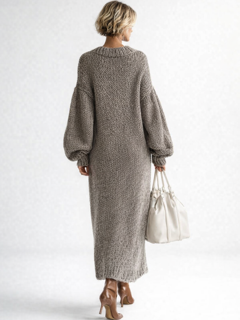 Cozy Chunky Knit Sweater Dress for Women with Crew Neck Balloon Sleeve Oversized Side Slit Style