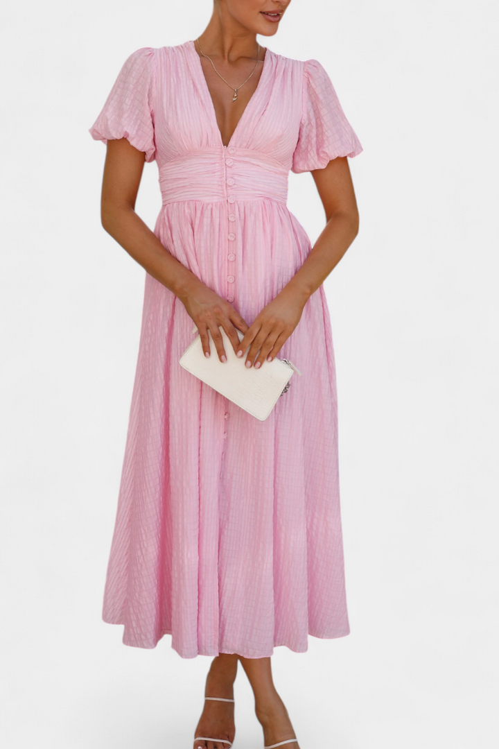 Mélia Maxi Dress with V-Neck and Puff Sleeves