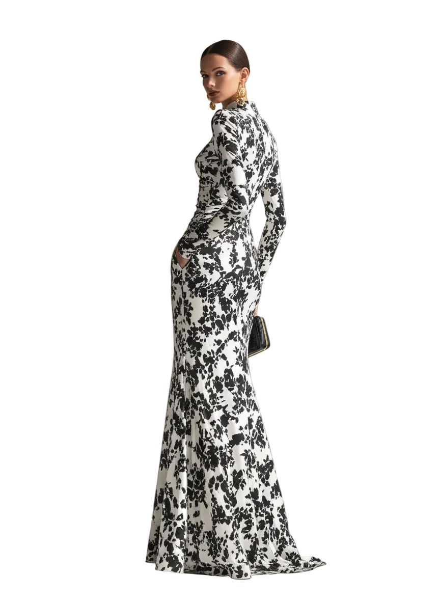 Women's Black And White Patterned Stretch Blend Wrap Dress