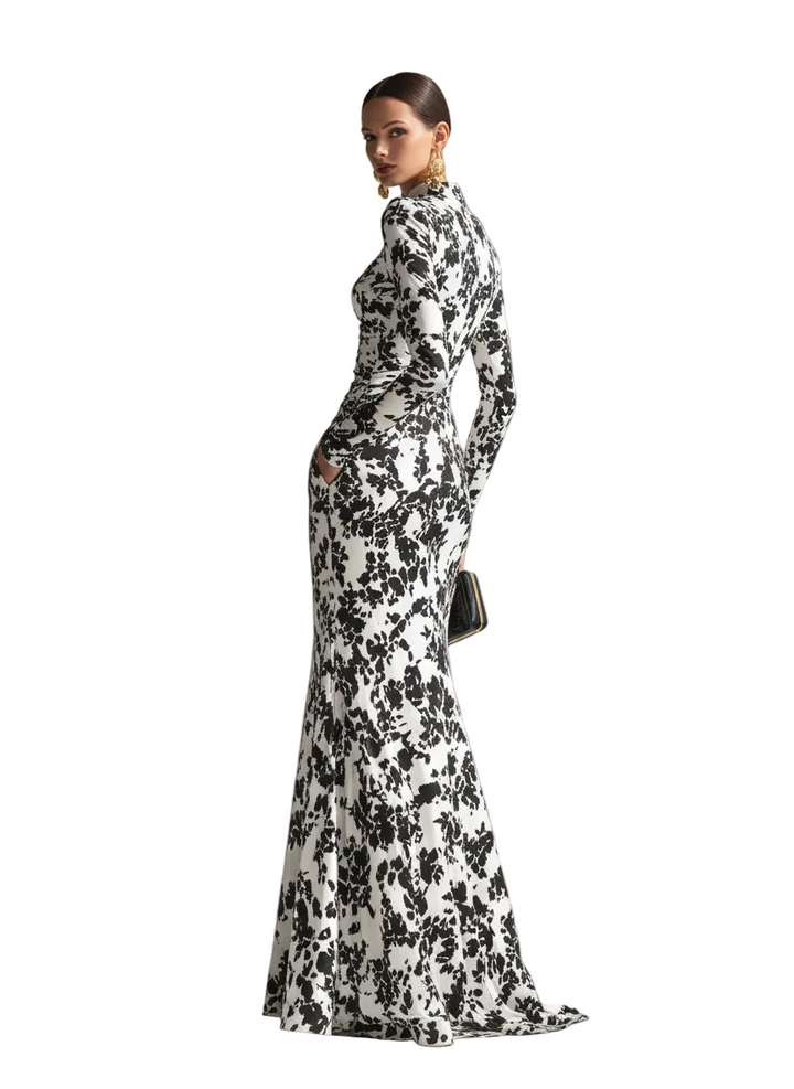 Women's Black And White Patterned Stretch Blend Wrap Dress