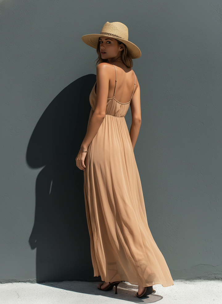 Women's Elegant Resort-style Khaki Chiffon V-neck Sleeveless Suspender Maxi Dress