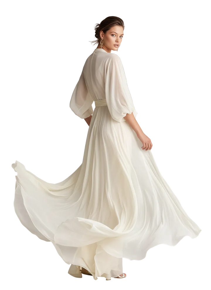 Women's Ivory Sheer Chiffon Dress With Puff Sleeves & Wrap Detail, Timeless Romantic-Luxe Style Dress