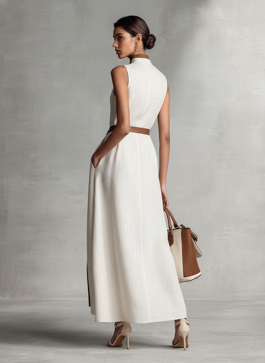 Women's Sleeveless V-Neck Tie-Waist Cotton Linen Maxi Dress