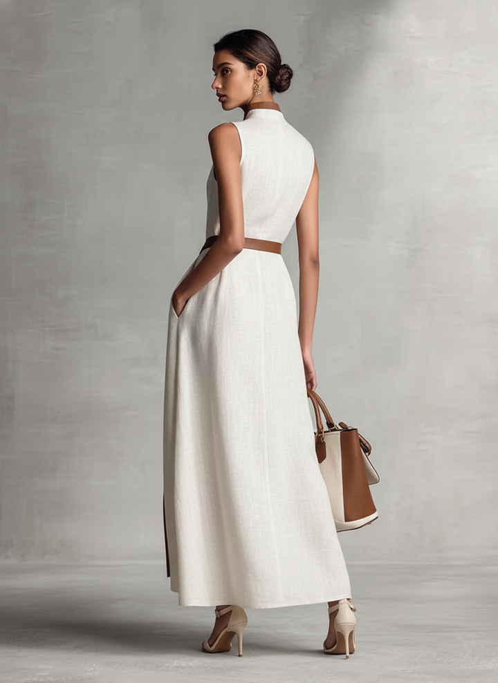 Women's Sleeveless V-Neck Tie-Waist Cotton Linen Maxi Dress