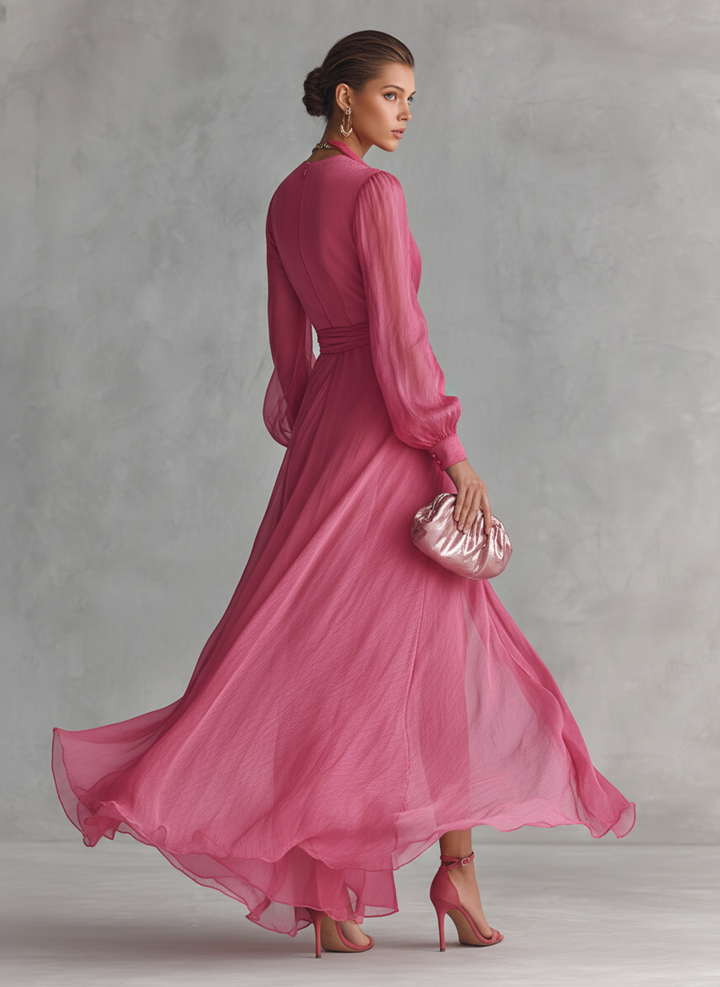 Women's Elegant Rose Pink Pearl Chiffon V-neck Tie-waist Long Dress