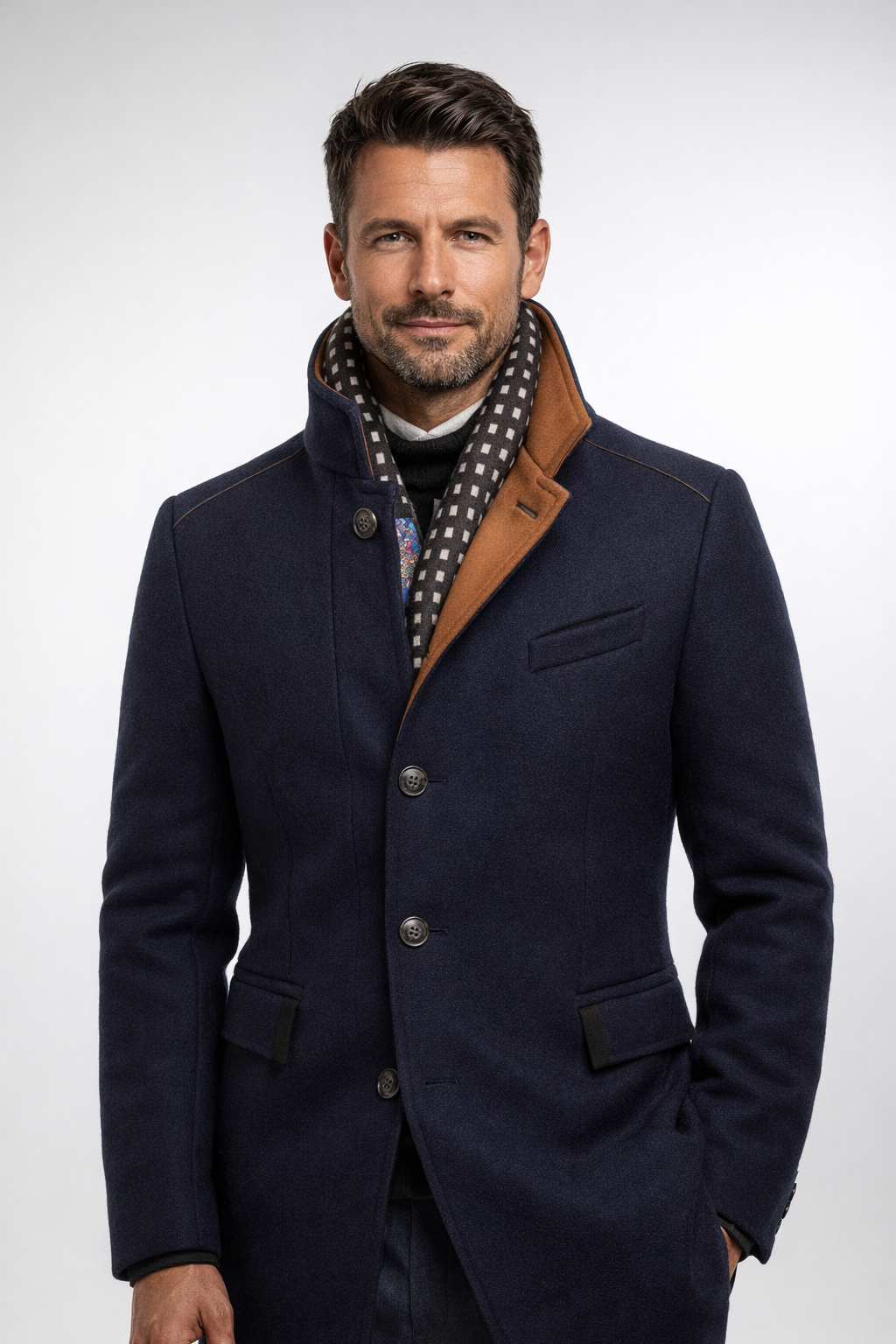 Wool Blend Overcoat with Notch Lapel Collar