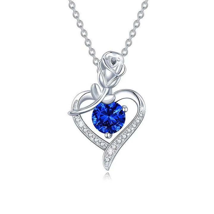 Blue Stone Rose Heart Necklace | Silver-Tone