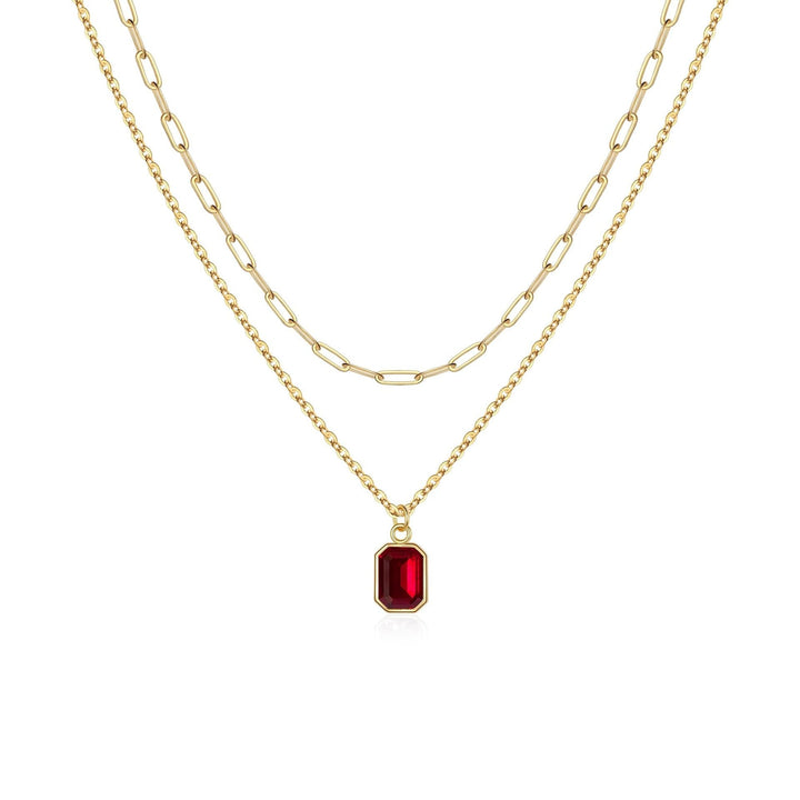 Paperclip Layered Red Stone Necklace | Gold-Tone