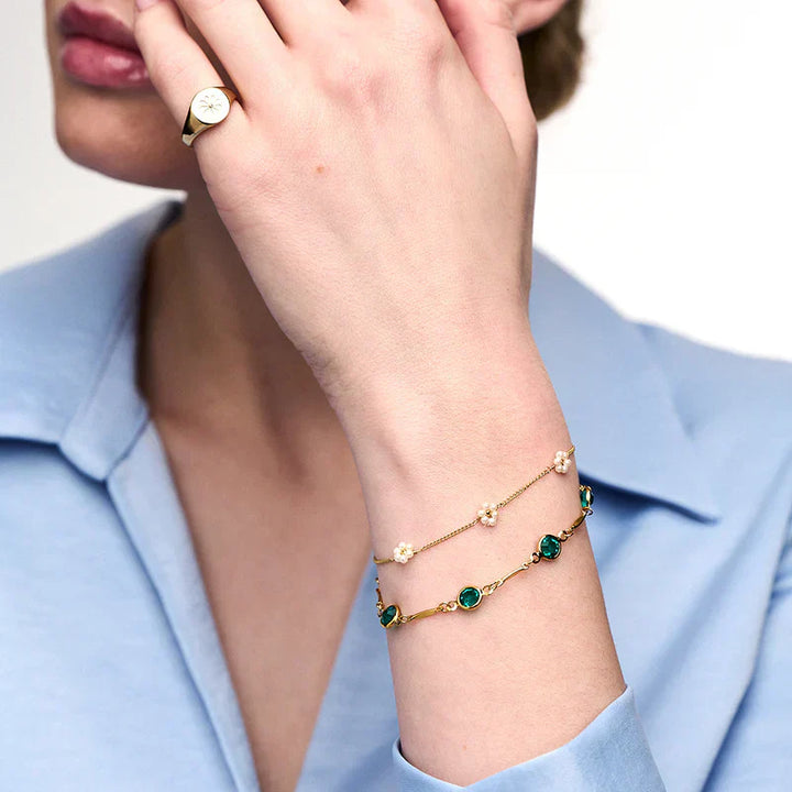 Green Stone Link Chain Bracelet | Gold-Tone