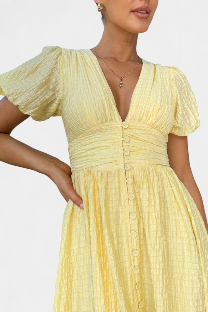 Mélia Maxi Dress with V-Neck and Puff Sleeves