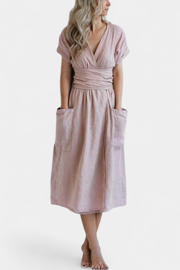 Cressida Cotton Dress with V-Neck and Adjustable Waist