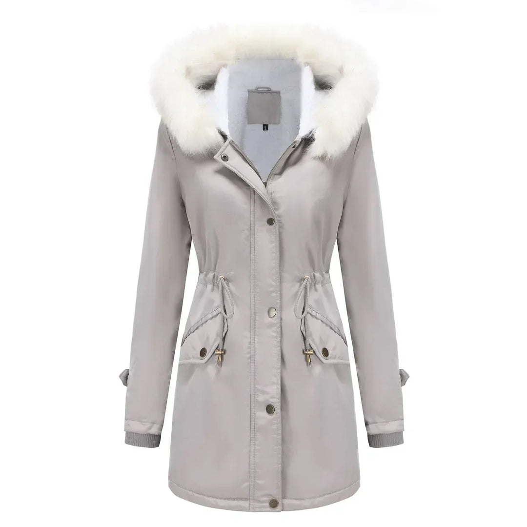 Cozy Faux Fur Trim Parka Jacket for Women with Hooded Long Sleeve Drawstring Waist Relaxed Style