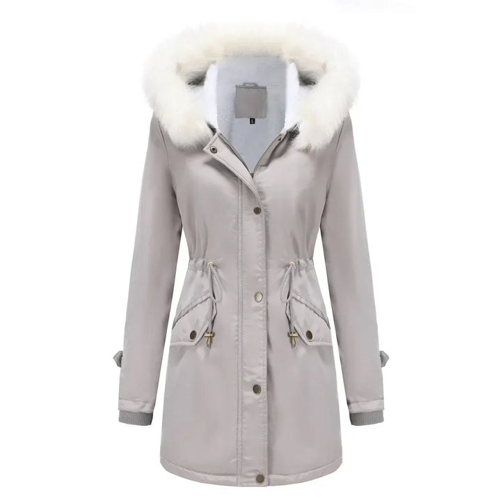 Cozy Faux Fur Trim Parka Jacket for Women with Hooded Long Sleeve Drawstring Waist Relaxed Style