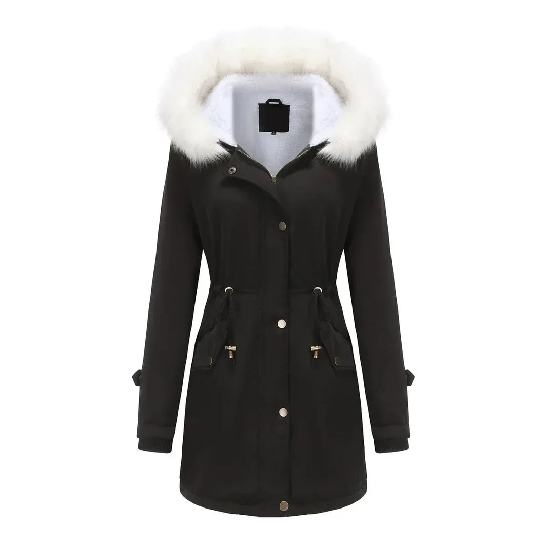 Cozy Faux Fur Trim Parka Jacket for Women with Hooded Long Sleeve Drawstring Waist Relaxed Style