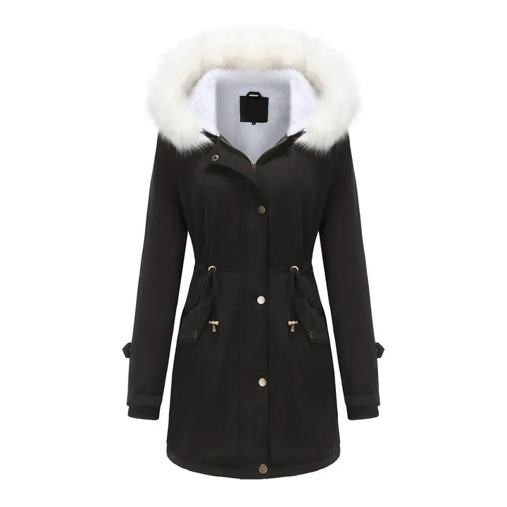 Cozy Faux Fur Trim Parka Jacket for Women with Hooded Long Sleeve Drawstring Waist Relaxed Style