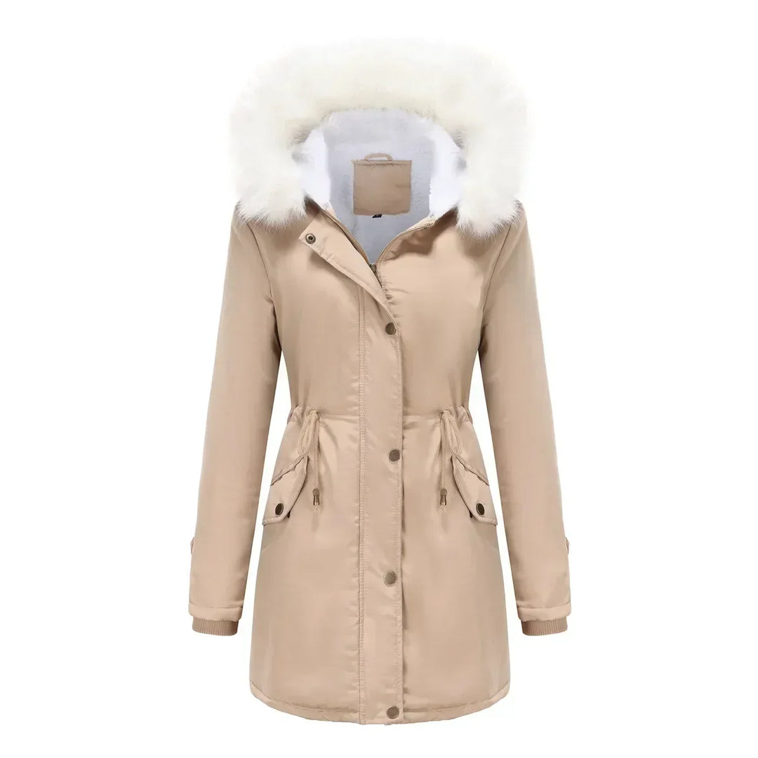 Cozy Faux Fur Trim Parka Jacket for Women with Hooded Long Sleeve Drawstring Waist Relaxed Style