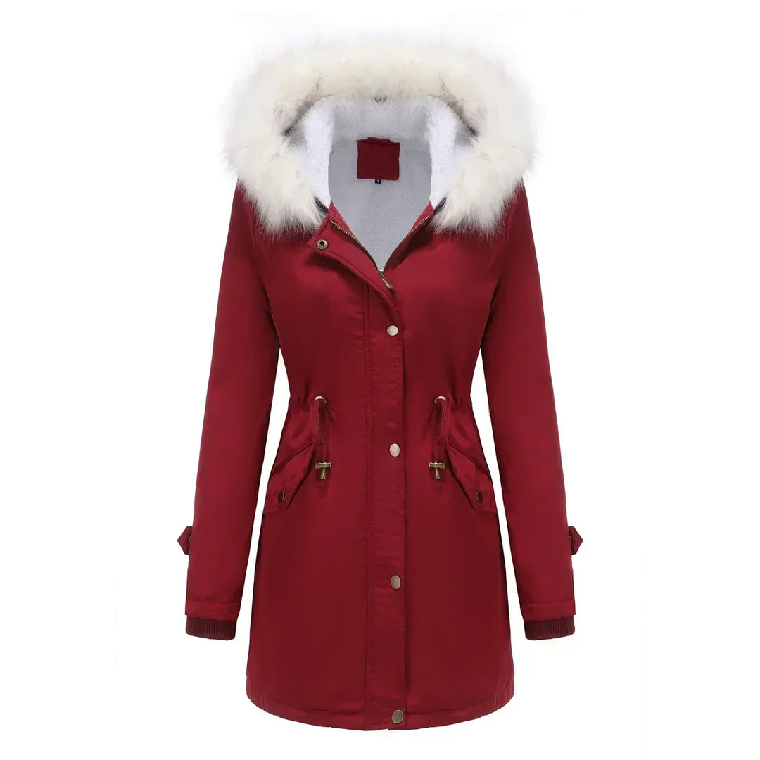 Cozy Faux Fur Trim Parka Jacket for Women with Hooded Long Sleeve Drawstring Waist Relaxed Style