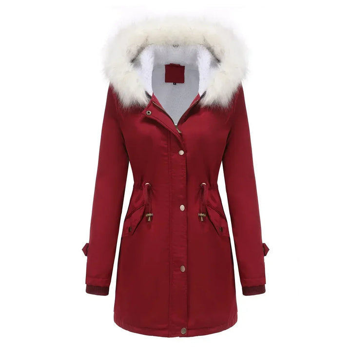 Cozy Faux Fur Trim Parka Jacket for Women with Hooded Long Sleeve Drawstring Waist Relaxed Style