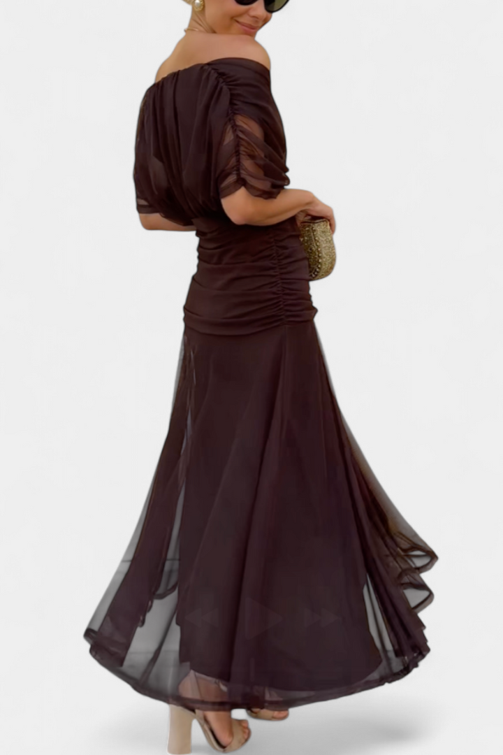 Alondra Long Dress with Floral Fancy Design and Decollete