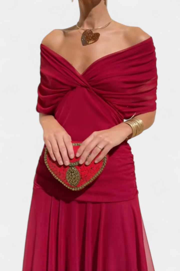 Alondra Long Dress with Floral Fancy Design and Decollete