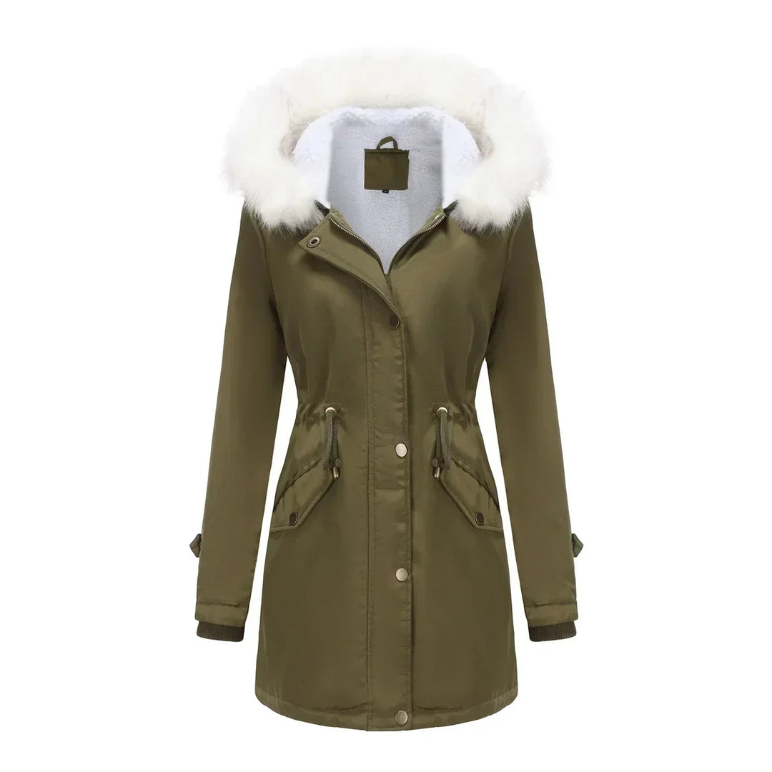 Cozy Faux Fur Trim Parka Jacket for Women with Hooded Long Sleeve Drawstring Waist Relaxed Style