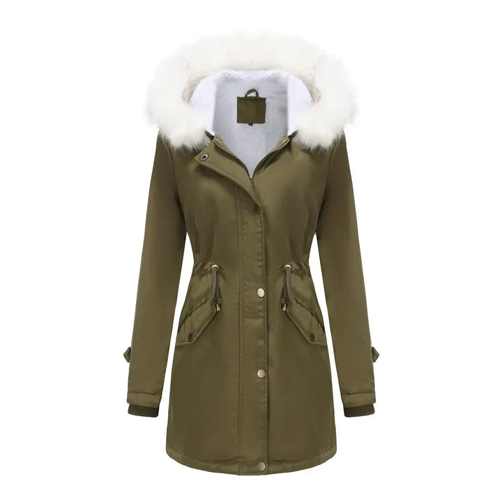 Cozy Faux Fur Trim Parka Jacket for Women with Hooded Long Sleeve Drawstring Waist Relaxed Style