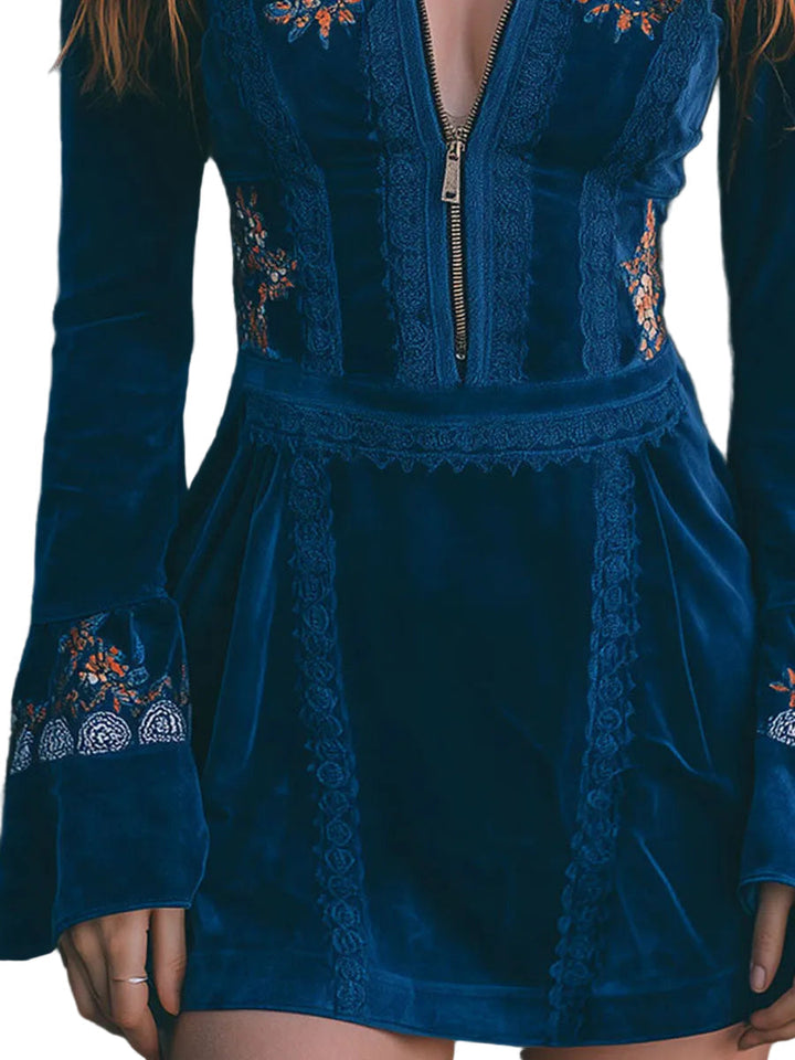 Boho Blue Velvet Zipper Front Lace Trim Embroidered Mini Dress