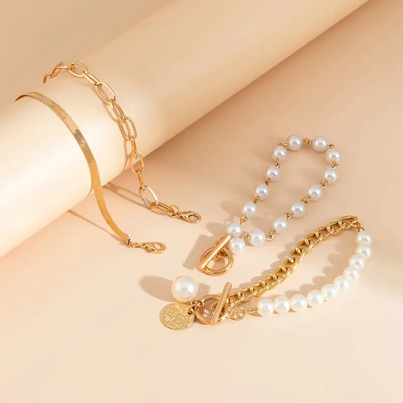 Chic Gold-Tone 4-Piece Bracelet Set – Snake, Faux Pearls & Links | Gold-Tone