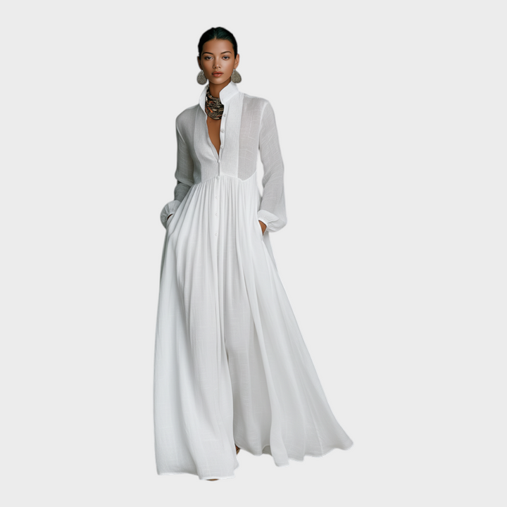 Leah | Women's Minimalist Cotton And Linen Patchwork Single-breasted Stand-up Collar Long-sleeved Maxi Dress MDA0658K6Y