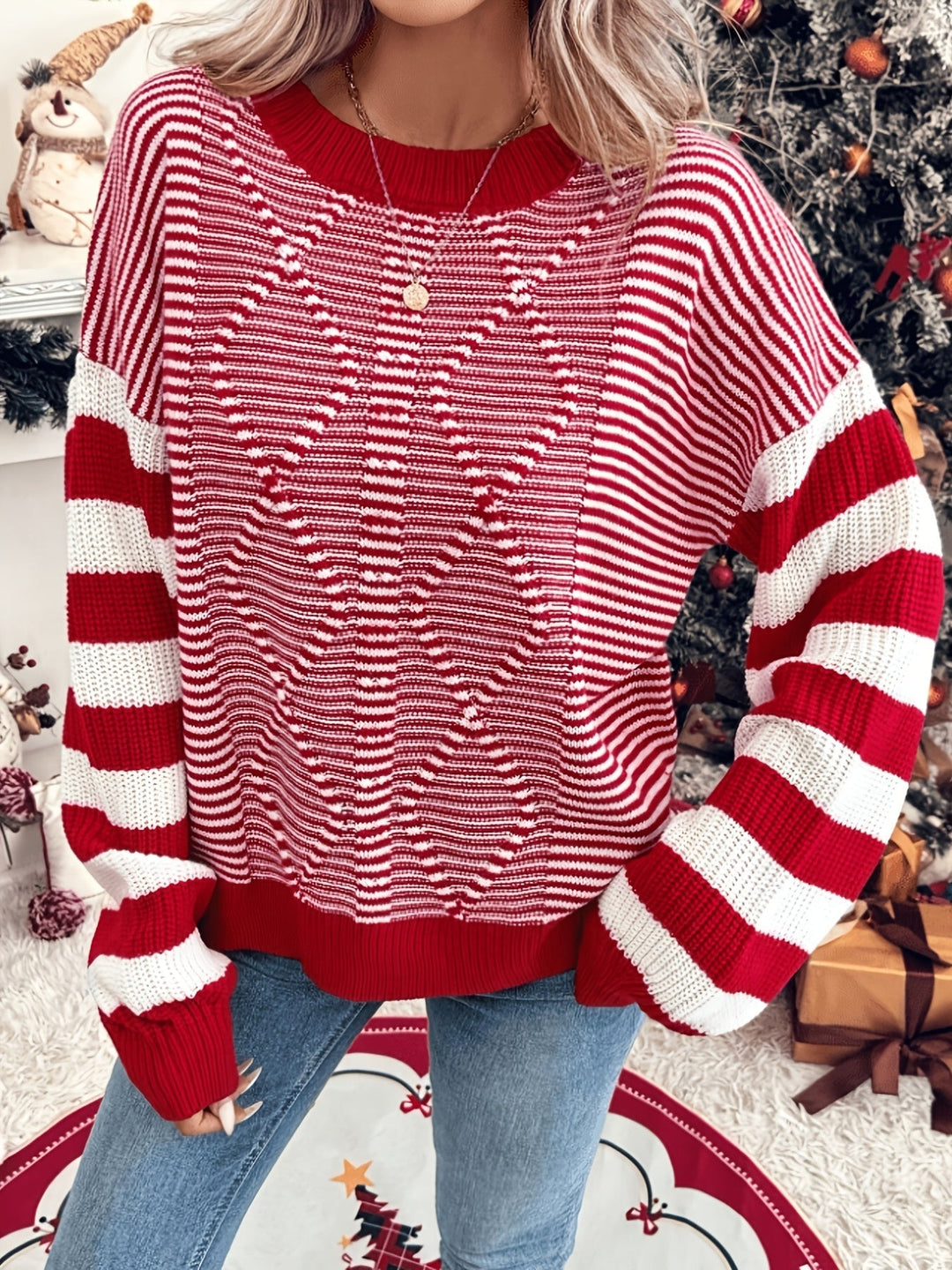 Cozy Red Striped Women's Christmas Sweater for Women with Crew Neck Long Sleeve Drop Shoulder Oversized Knit Style