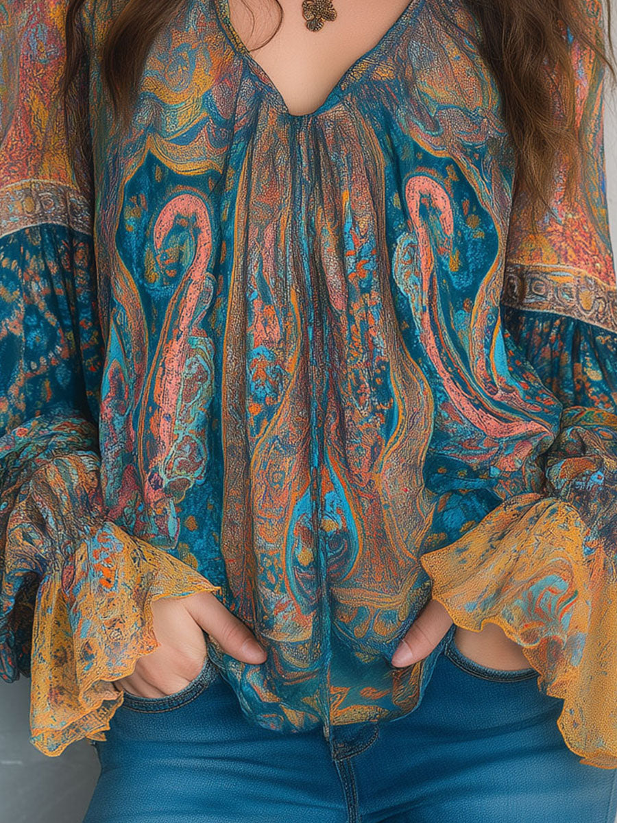 Alina | Bohemian Teal & Amber Paisley Chiffon Blouse With Ruffled Cuffs
