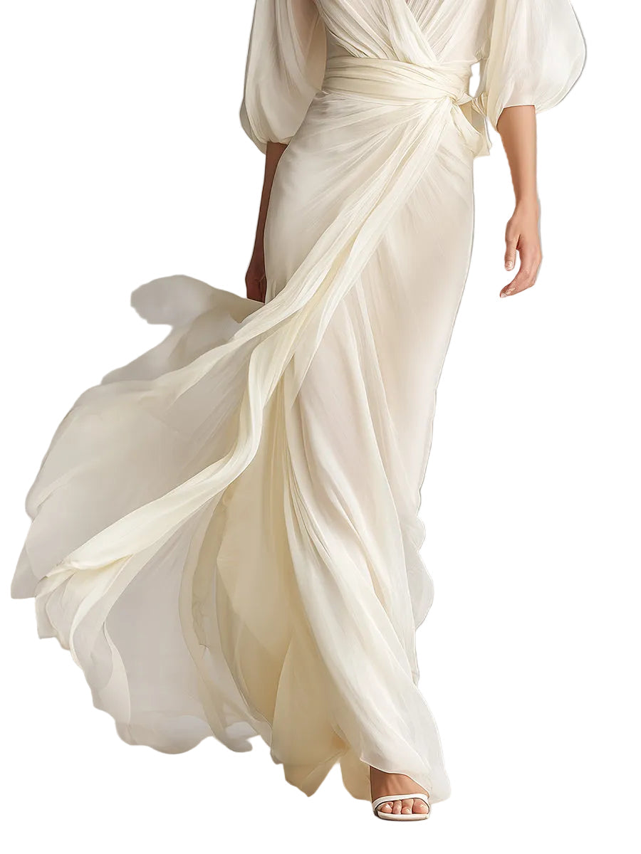 Women's Ivory Sheer Chiffon Dress With Puff Sleeves & Wrap Detail, Timeless Romantic-Luxe Style Dress