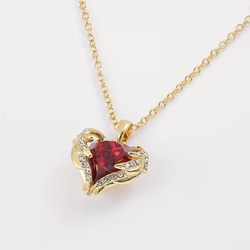 Angel Embrace Red Stone Heart Necklace | Gold-Tone