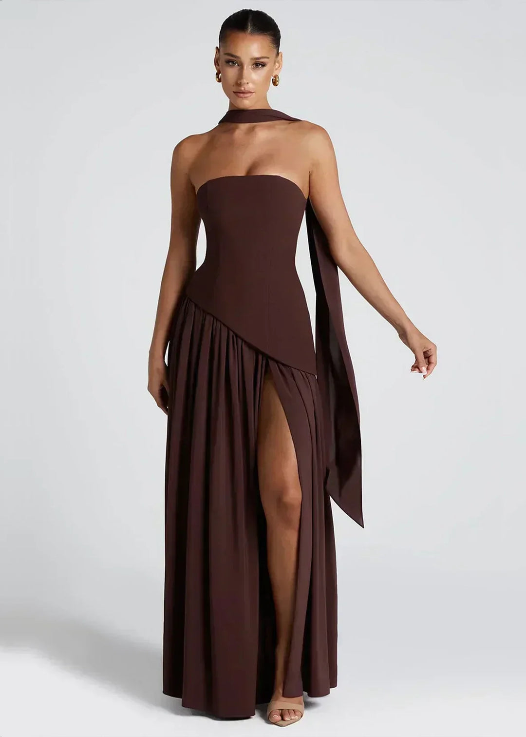 Elena – Maxi Dress with Off Shoulders, Slit & Choker Detail