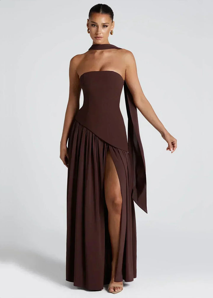 Elena – Maxi Dress with Off Shoulders, Slit & Choker Detail