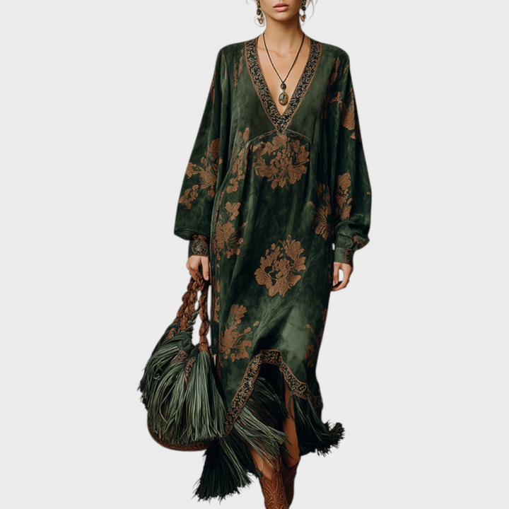 Makayla | Green Faux Suede V-Neck Maxi Dress with Tassel Trim