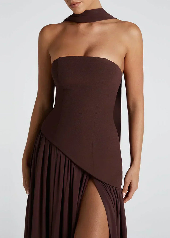 Elena – Maxi Dress with Off Shoulders, Slit & Choker Detail