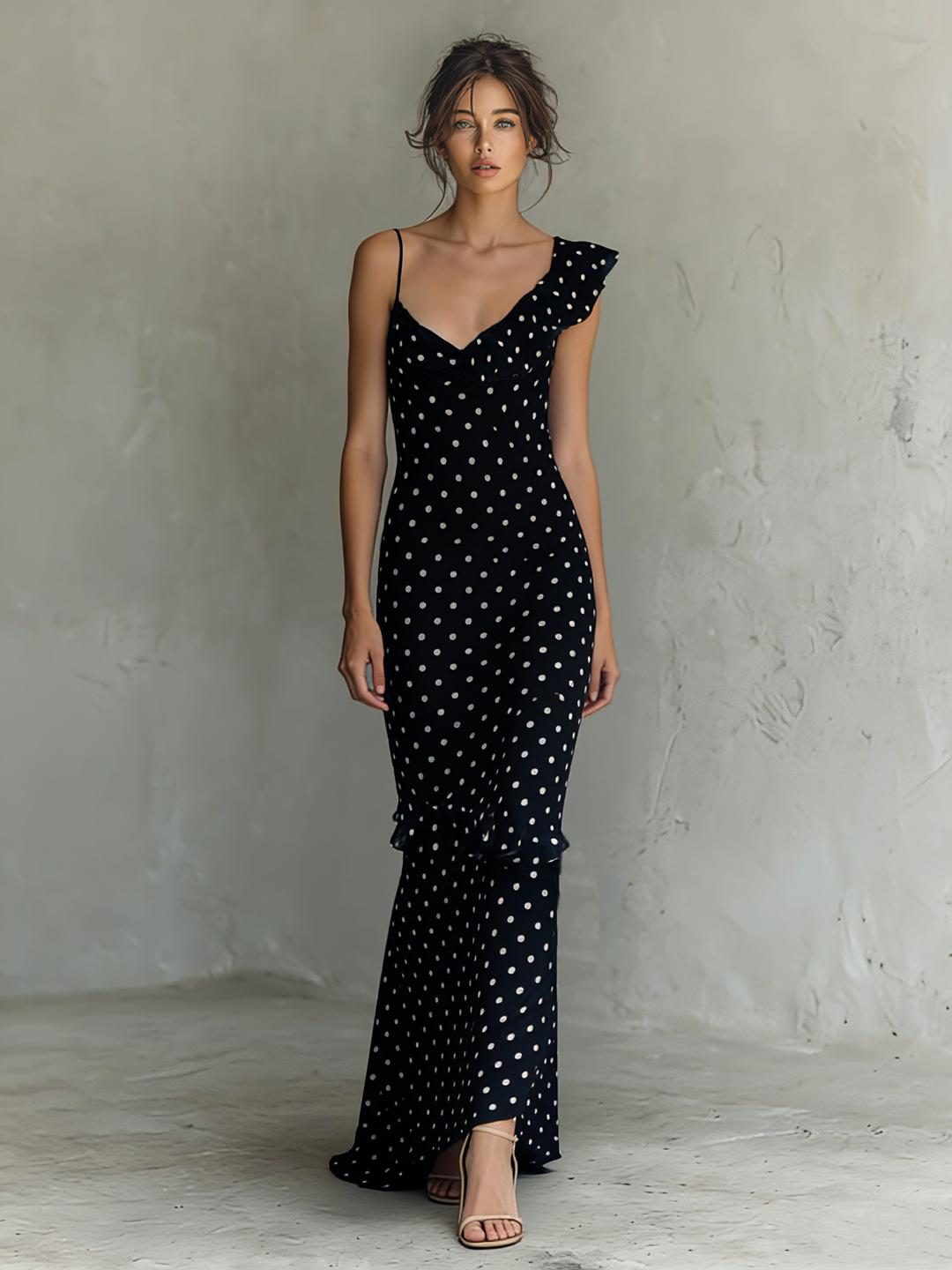 Women's Minimalist Polka Dot Chiffon Sleeveless V-neck Maxi Dress