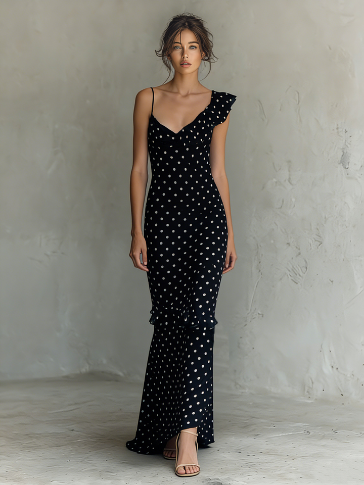 Women's Minimalist Polka Dot Chiffon Sleeveless V-neck Maxi Dress