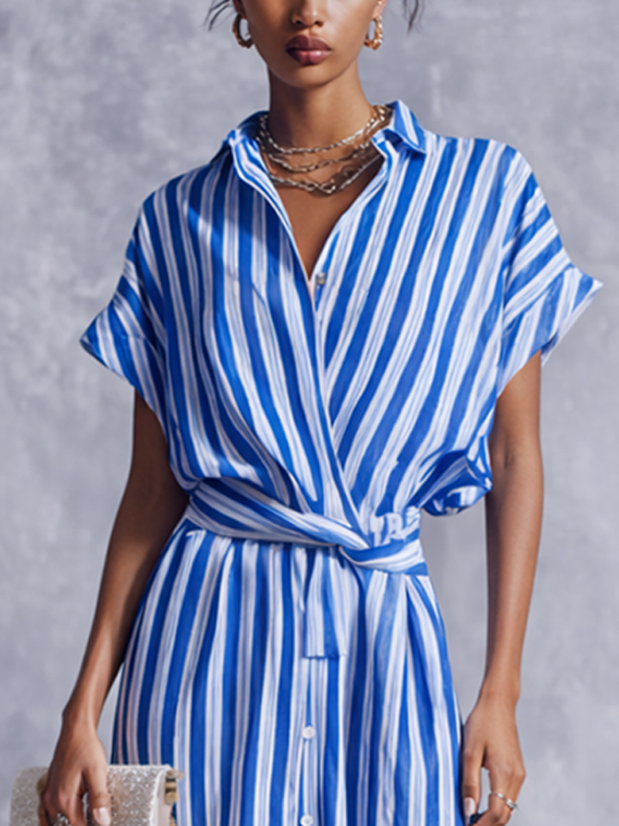 Women's Blue And White Striped Cotton Linen Wrap Shirt Midi Dress