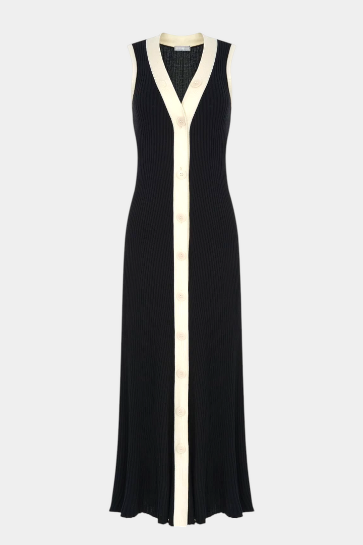 Brielle Sleeveless Knitted Dress with V-Neck and Contrast Buttons