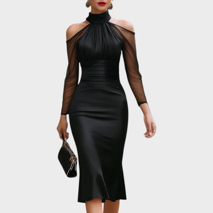 Sanya | Elegant Satin Midi Dress with Cold Shoulders
