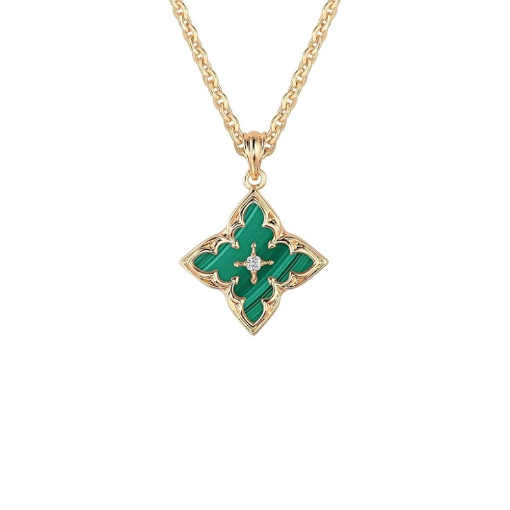 Green Stone Clover Pendant Necklace | Gold-Tone