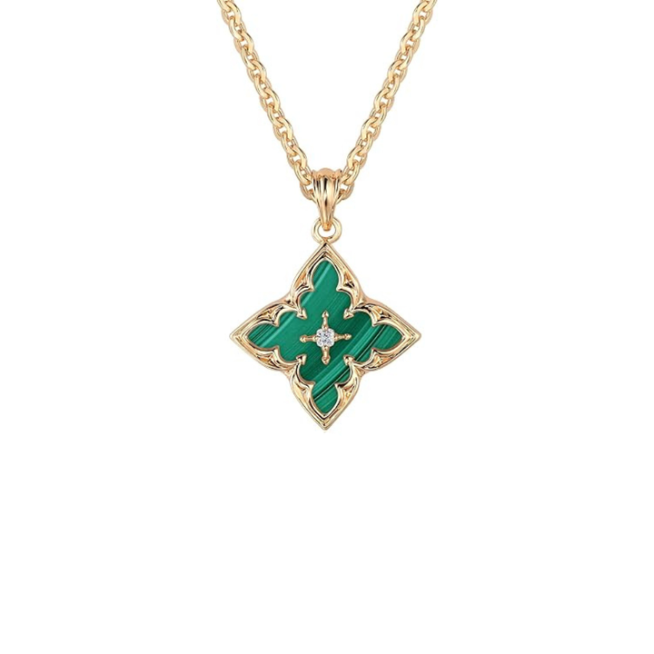 Green Stone Clover Pendant Necklace | Gold-Tone