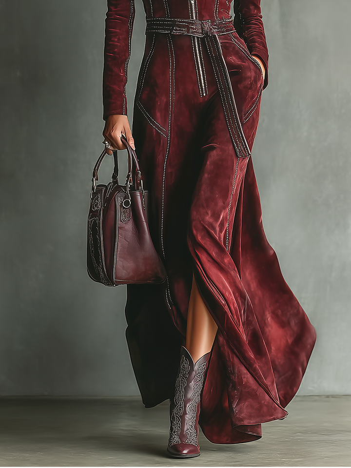 Women's Burgundy Retro Faux Suede Color-Contrast Maxi Dress