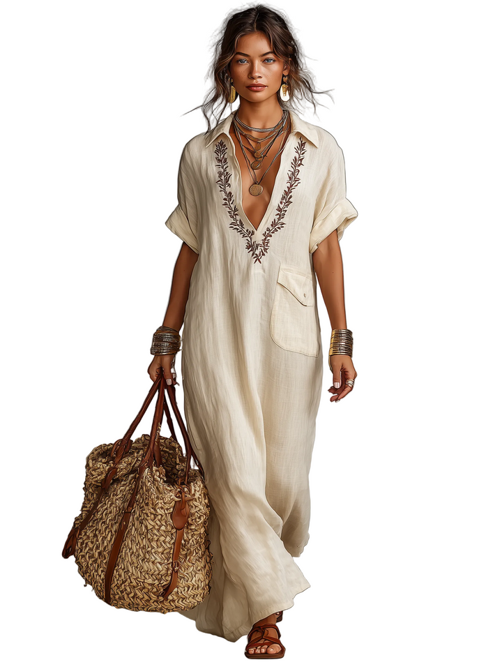 Women's Minimalist Linen Blend Embroidered Short-sleeved Shirt Maxi Dress
