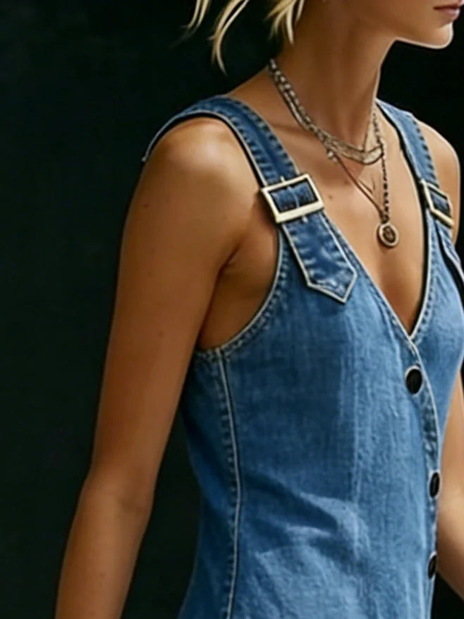 Long Denim Shirt Dress with Button Front for Women
