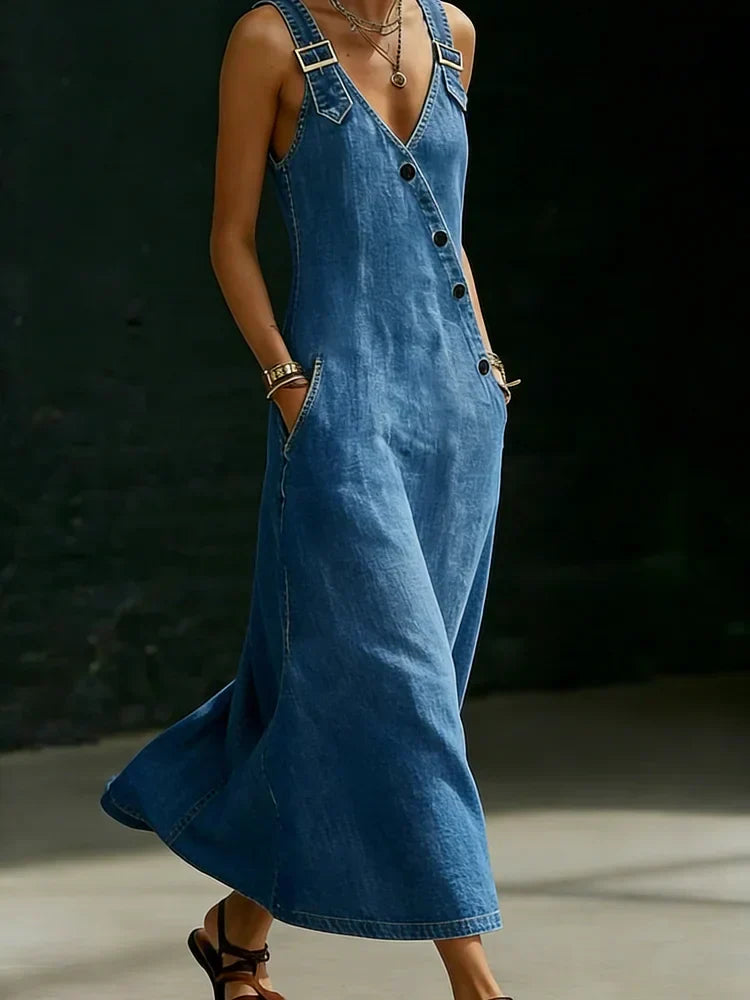 Long Denim Shirt Dress with Button Front for Women
