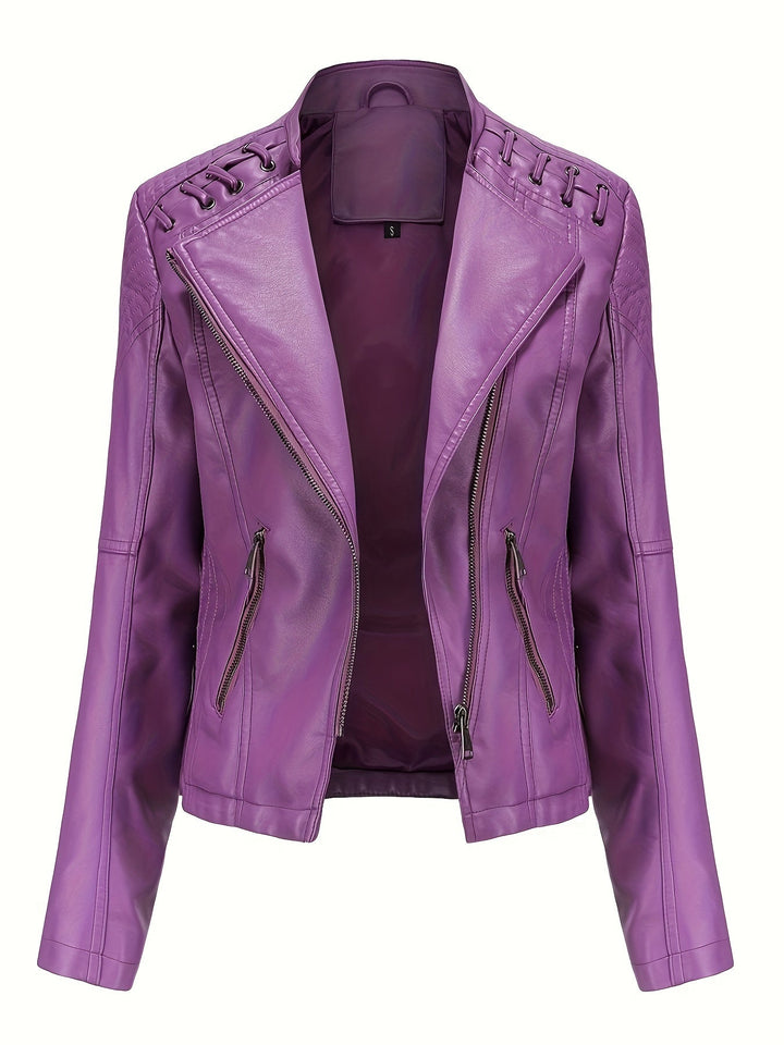 Elegant Faux Leather Moto Jacket for Women with Notch Lapel Zip Front Studded Shoulder