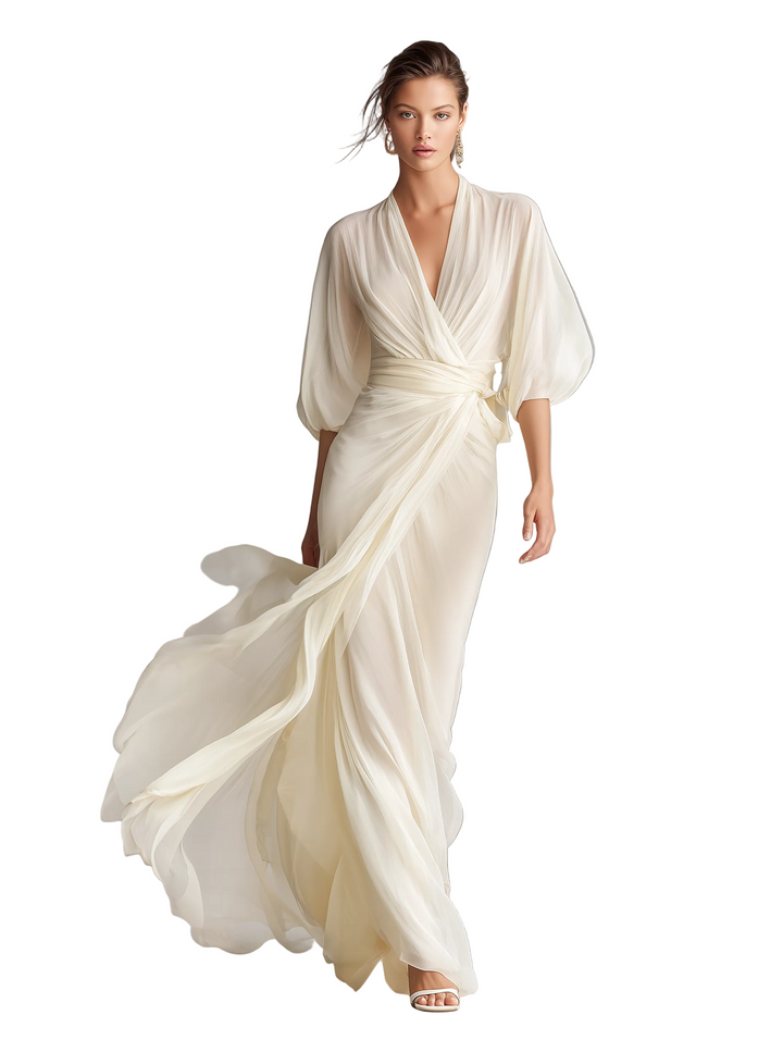 Women's Ivory Sheer Chiffon Dress With Puff Sleeves & Wrap Detail, Timeless Romantic-Luxe Style Dress
